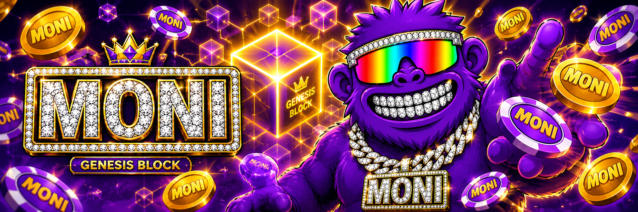 Genesis BLOCK banner featuring the MONI mascot, BLOCK cube, and MONI tokens
